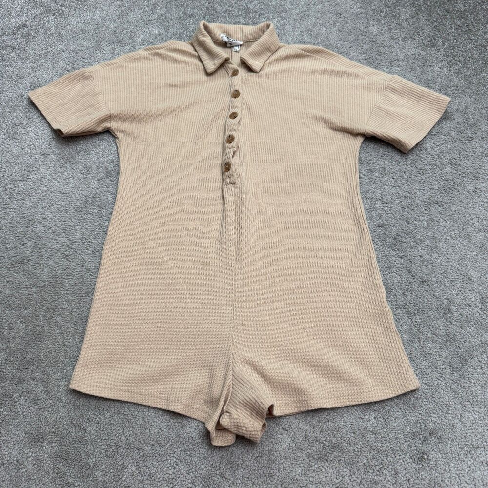 Princess Polly Waffle Knit Romper Womens 4 Tan Brown Button Up Collared Casual